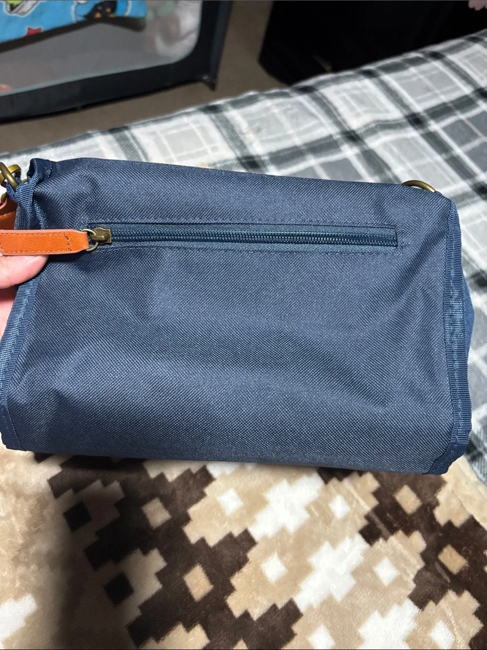Navy Crossbody small diaper Bag with Orange Accents